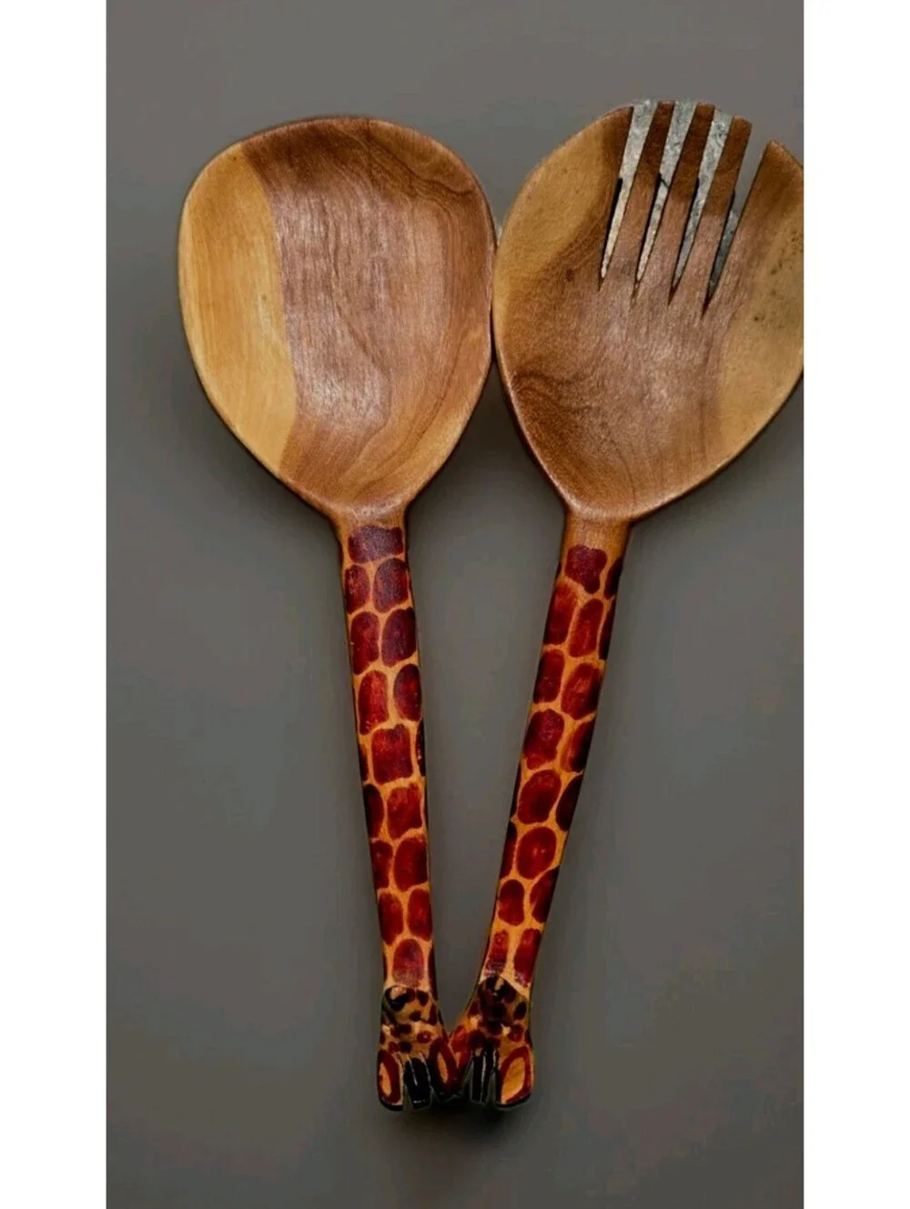 Hand Carved Wood Giraffe Salad Spoon & Fork Utensil Set